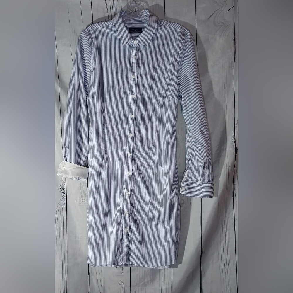 UNTUCKit Blue And White Pinstripe Tie Waist Long Sleeve Shirt Dress - Picture 1 of 13